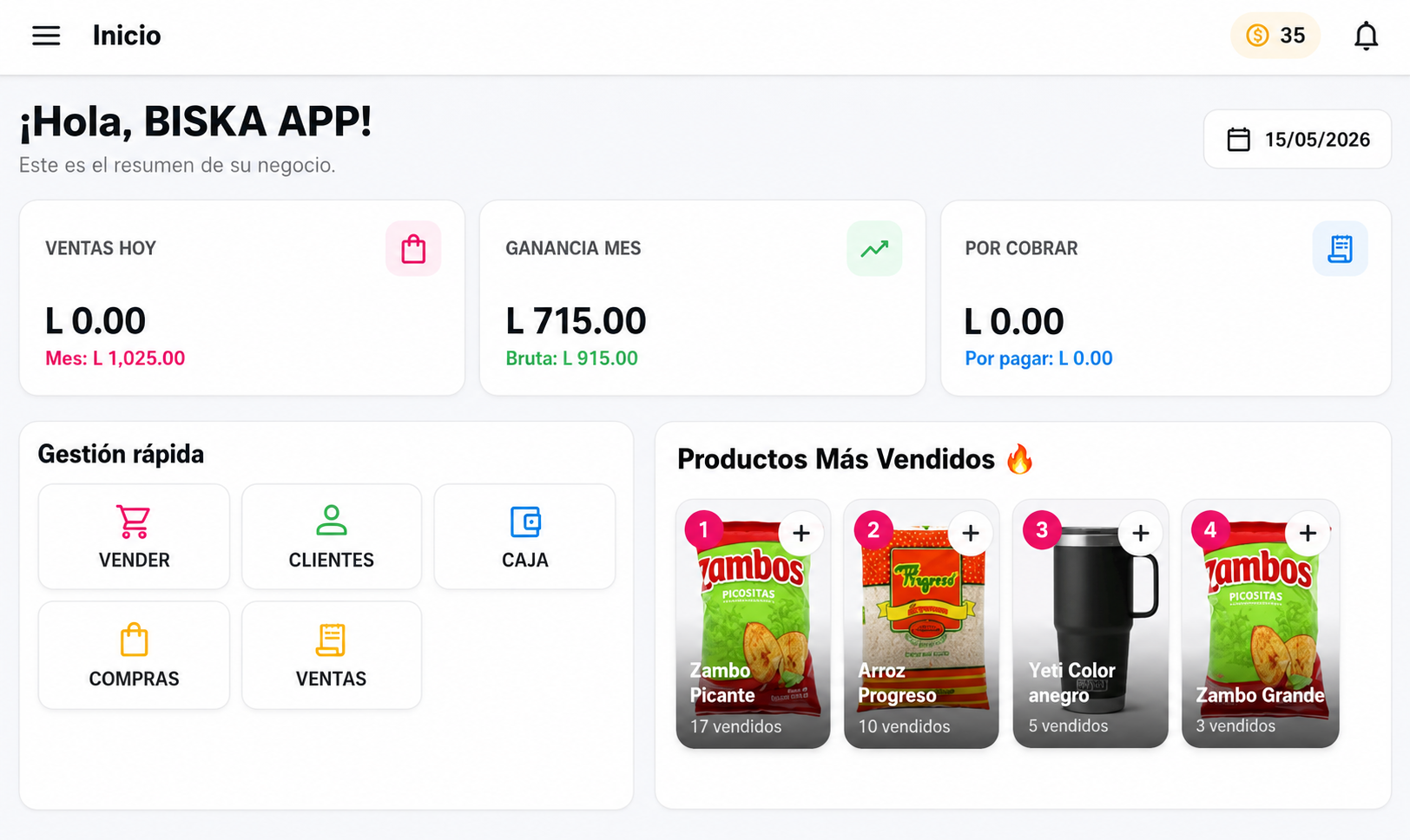 Dashboard Biska POS en tablet